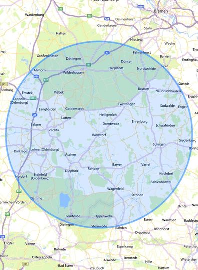 Karte mit dem Einzugsgebiet von Krause Bestattungen in der Region Diepholz